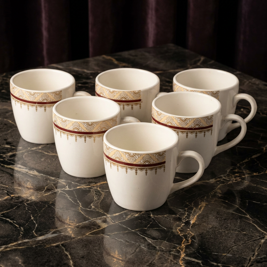Bone China Tea & Coffee Mug Set of 6, 120ml White Cups with Elegant Gold Ornamental Border and Maroon Accent, Lightweight Beverage Mugs for Tea, Coffee, Espresso & Gifting, 7 x 5 cm