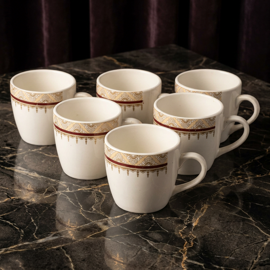 Bone China Tea & Coffee Mug Set of 6, 120ml White Cups with Elegant Gold Ornamental Border and Maroon Accent, Lightweight Beverage Mugs for Tea, Coffee, Espresso & Gifting, 7 x 5 cm