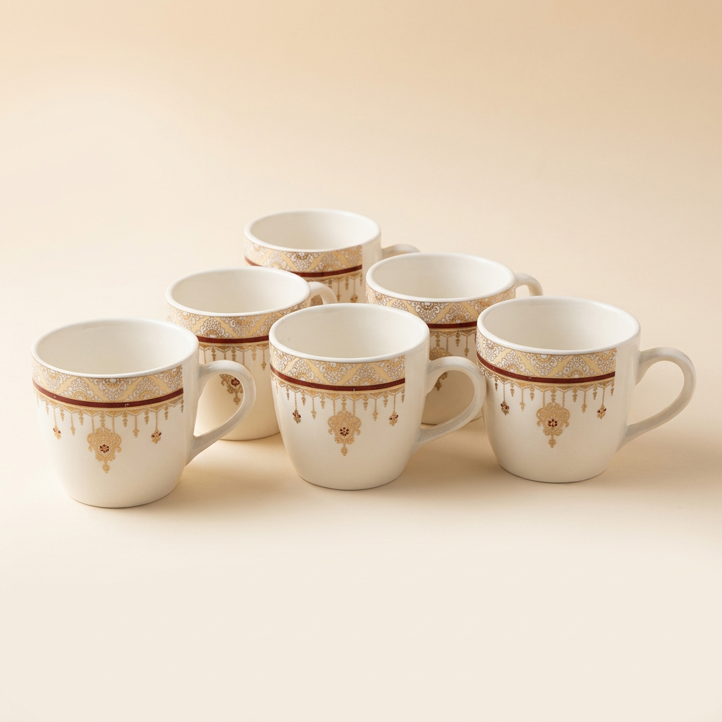 Bone China Tea & Coffee Mug Set of 6, 120ml White Cups with Elegant Gold Ornamental Border and Maroon Accent, Lightweight Beverage Mugs for Tea, Coffee, Espresso & Gifting, 7 x 5 cm