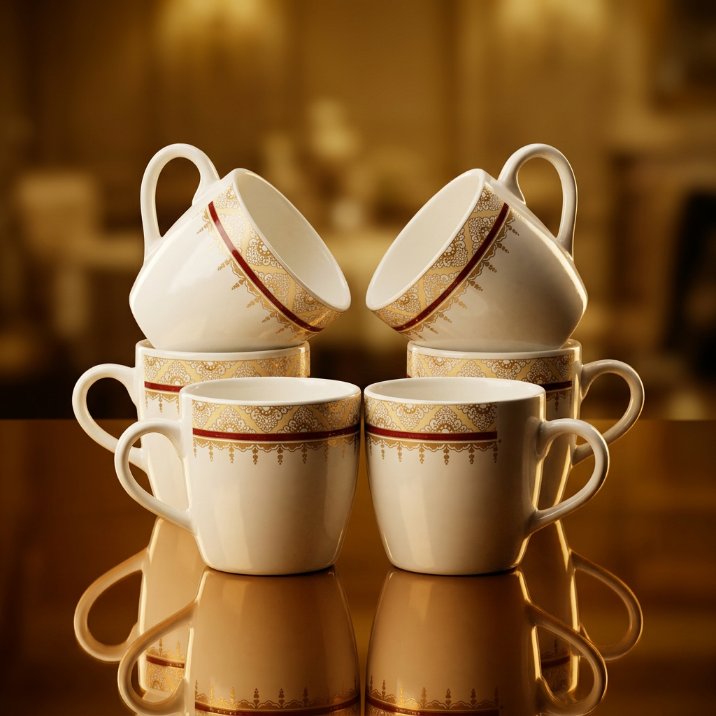 Bone China Tea & Coffee Mug Set of 6, 120ml White Cups with Elegant Gold Ornamental Border and Maroon Accent, Lightweight Beverage Mugs for Tea, Coffee, Espresso & Gifting, 7 x 5 cm