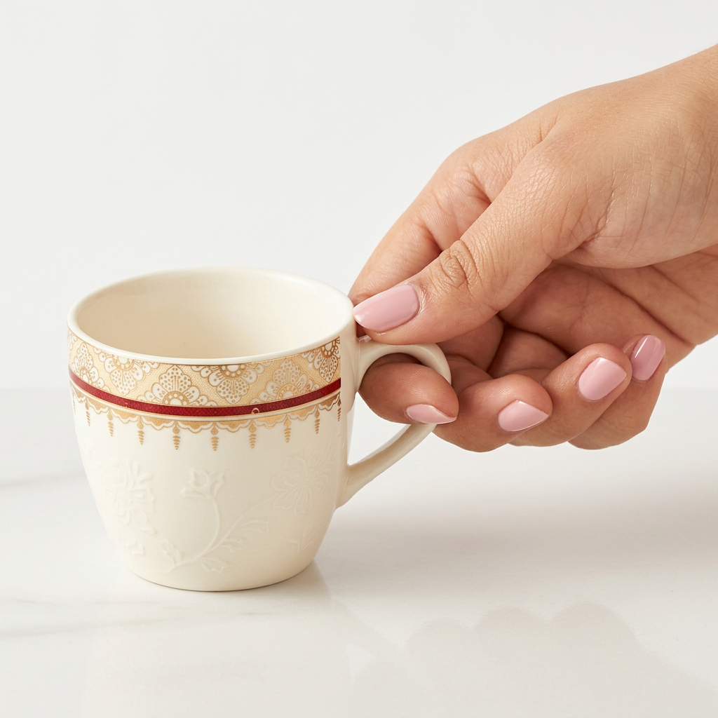 Bone China Tea & Coffee Mug Set of 6, 120ml White Cups with Elegant Gold Ornamental Border and Maroon Accent, Lightweight Beverage Mugs for Tea, Coffee, Espresso & Gifting, 7 x 5 cm