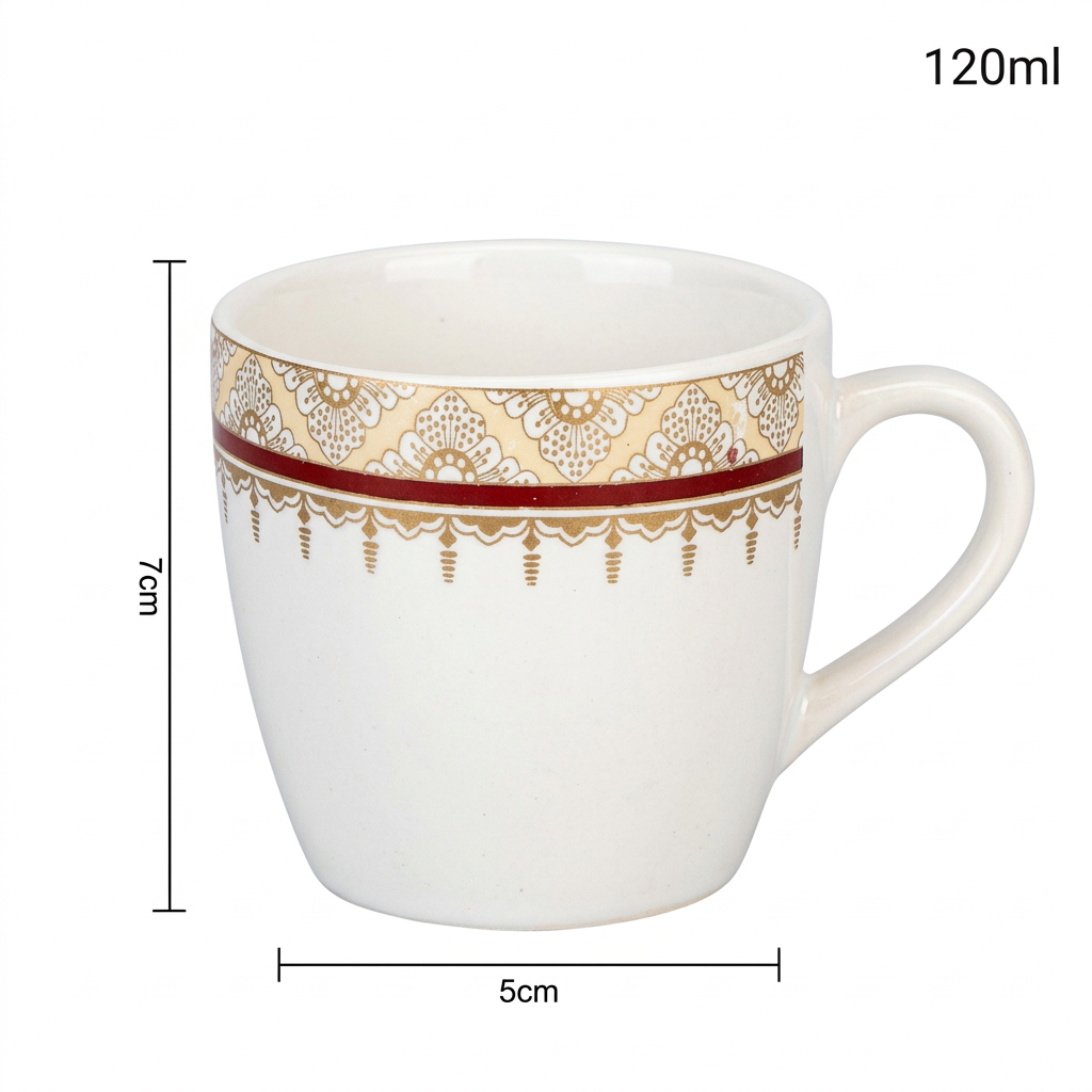 Bone China Tea & Coffee Mug Set of 6, 120ml White Cups with Elegant Gold Ornamental Border and Maroon Accent, Lightweight Beverage Mugs for Tea, Coffee, Espresso & Gifting, 7 x 5 cm