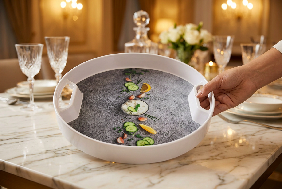 Round Melamine Serving Tray with Handles, White Floral Printed Tray with Raised Rim, Lightweight Durable Food Serving Plate for Tea, Coffee, Snacks, Desserts & Beverages, 30 x 4.5 cm