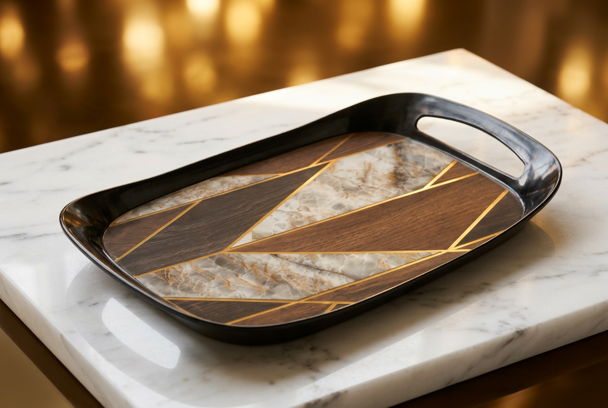 Rectangular Melamine Serving Tray with Handles, Brown Wood Grain Design Food Serving Platter with Raised Edges, Lightweight Durable Tray for Tea, Coffee, Snacks, Breakfast & Beverages, 45 x 28 x 2.5 cm