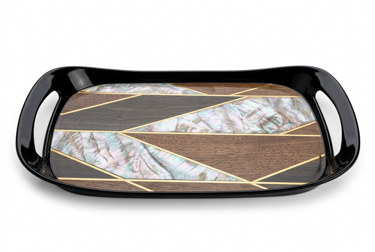 Rectangular Melamine Serving Tray with Handles, Brown Wood Grain Design Food Serving Platter with Raised Edges, Lightweight Durable Tray for Tea, Coffee, Snacks, Breakfast & Beverages, 45 x 28 x 2.5 cm
