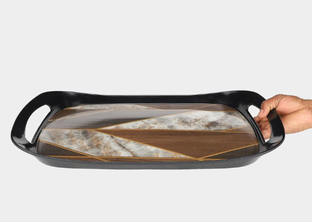 Rectangular Melamine Serving Tray with Handles, Brown Wood Grain Design Food Serving Platter with Raised Edges, Lightweight Durable Tray for Tea, Coffee, Snacks, Breakfast & Beverages, 45 x 28 x 2.5 cm