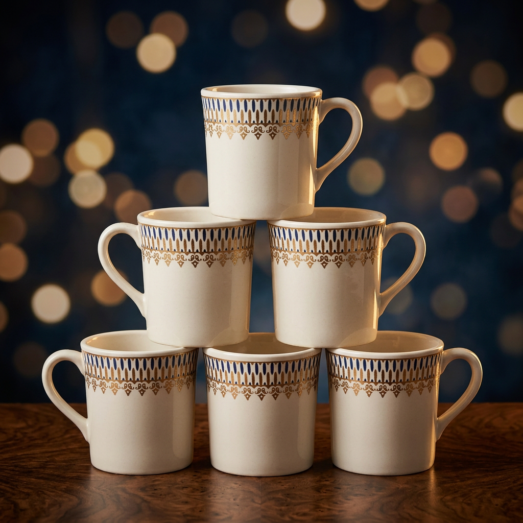 120ml Bone China Tea & Coffee Mug Set of 6, White Cups with Blue & Gold Decorative Border, Lightweight Elegant Beverage Mugs for Tea, Coffee, Espresso & Gifting, 7 x 6 cm