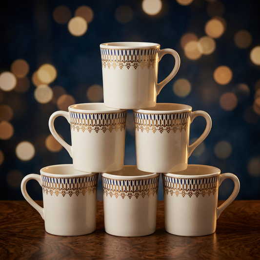 120ml Bone China Tea & Coffee Mug Set of 6, White Cups with Blue & Gold Decorative Border, Lightweight Elegant Beverage Mugs for Tea, Coffee, Espresso & Gifting, 7 x 6 cm
