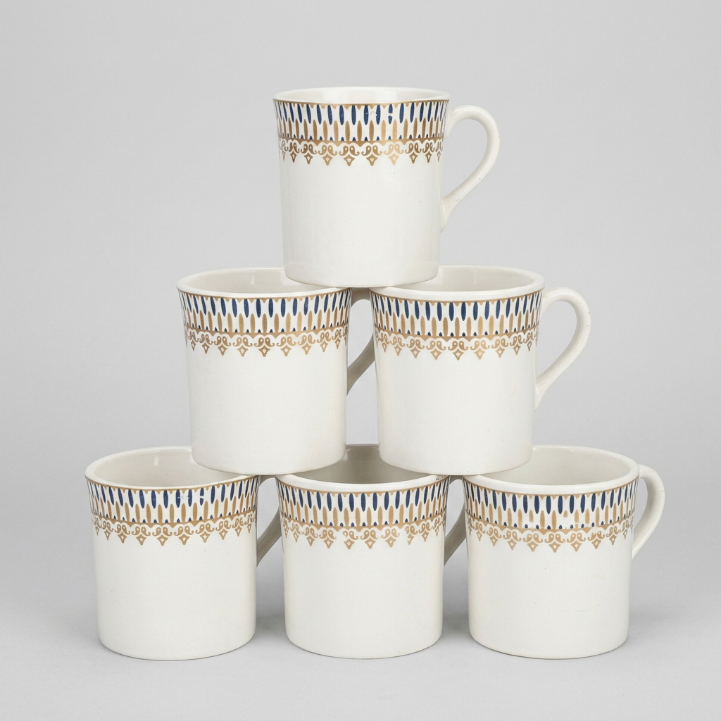 120ml Bone China Tea & Coffee Mug Set of 6, White Cups with Blue & Gold Decorative Border, Lightweight Elegant Beverage Mugs for Tea, Coffee, Espresso & Gifting, 7 x 6 cm
