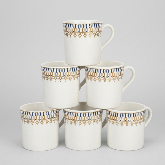 120ml Bone China Tea & Coffee Mug Set of 6, White Cups with Blue & Gold Decorative Border, Lightweight Elegant Beverage Mugs for Tea, Coffee, Espresso & Gifting, 7 x 6 cm