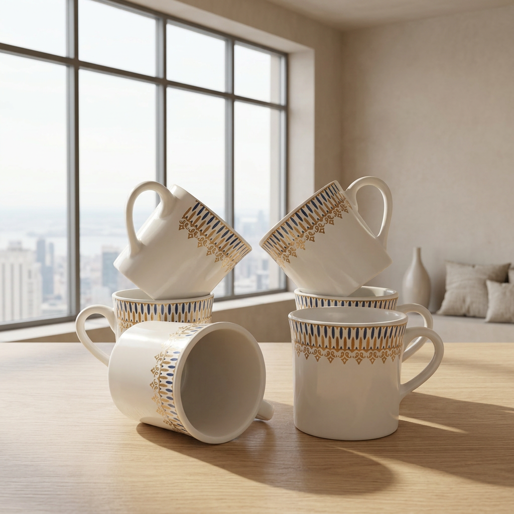 120ml Bone China Tea & Coffee Mug Set of 6, White Cups with Blue & Gold Decorative Border, Lightweight Elegant Beverage Mugs for Tea, Coffee, Espresso & Gifting, 7 x 6 cm