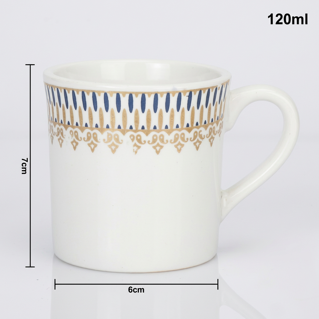 120ml Bone China Tea & Coffee Mug Set of 6, White Cups with Blue & Gold Decorative Border, Lightweight Elegant Beverage Mugs for Tea, Coffee, Espresso & Gifting, 7 x 6 cm