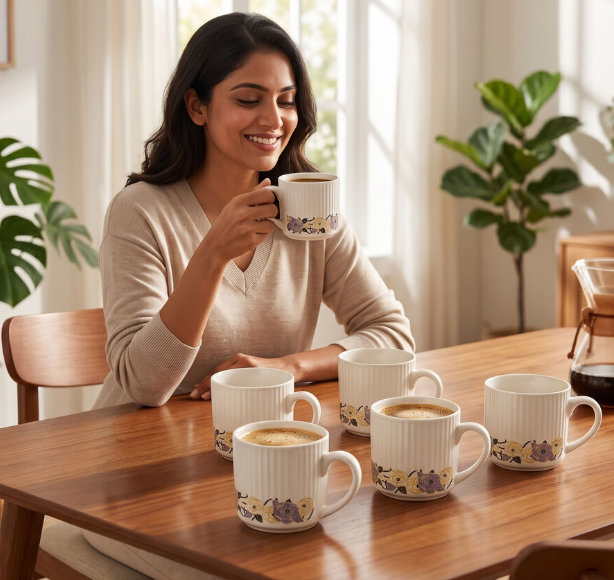 120ml Bio China Tea & Coffee Mug Set of 6, White Cups with Elegant Floral Half-Print Design, Lightweight Beverage Mugs for Tea, Coffee, Espresso & Hot Drinks, 7 x 6 cm