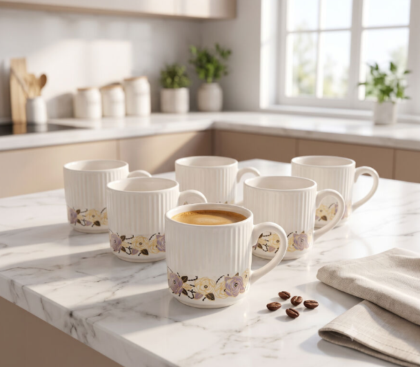 120ml Bio China Tea & Coffee Mug Set of 6, White Cups with Elegant Floral Half-Print Design, Lightweight Beverage Mugs for Tea, Coffee, Espresso & Hot Drinks, 7 x 6 cm