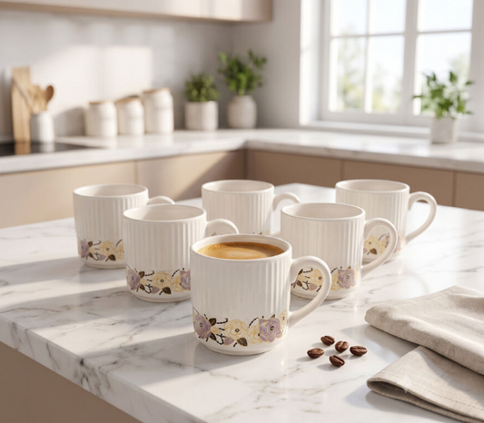 120ml Bio China Tea & Coffee Mug Set of 6, White Cups with Elegant Floral Half-Print Design, Lightweight Beverage Mugs for Tea, Coffee, Espresso & Hot Drinks, 7 x 6 cm