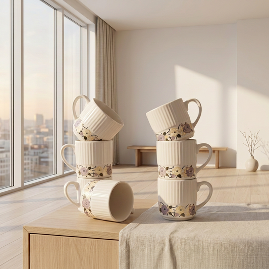 120ml Bio China Tea & Coffee Mug Set of 6, White Cups with Elegant Floral Half-Print Design, Lightweight Beverage Mugs for Tea, Coffee, Espresso & Hot Drinks, 7 x 6 cm