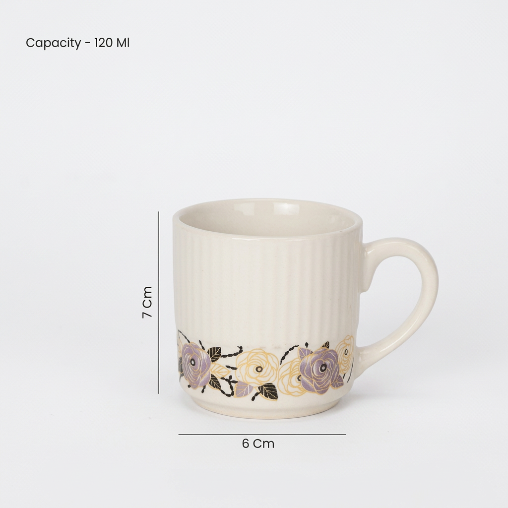 120ml Bio China Tea & Coffee Mug Set of 6, White Cups with Elegant Floral Half-Print Design, Lightweight Beverage Mugs for Tea, Coffee, Espresso & Hot Drinks, 7 x 6 cm