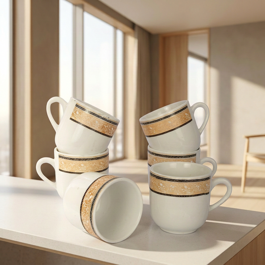 175ml Bio China Tea & Coffee Mug Set of 6, White Cups with Elegant Beige Floral Border and Black Accents, Lightweight Beverage Mugs for Tea, Coffee, Milk & Hot Drinks, 7 x 7 cm