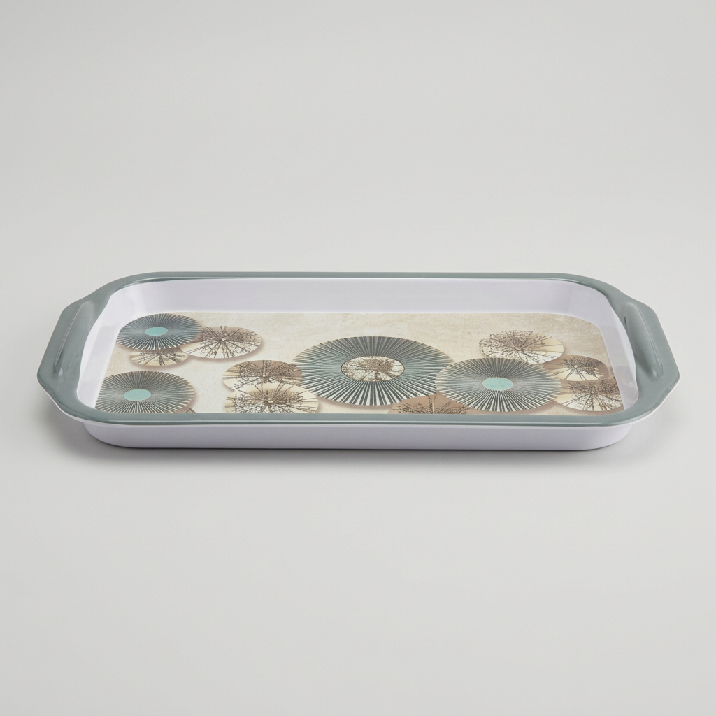 Rectangular Melamine Serving Tray with Floral Print and Side Handles, White Multipurpose Food Serving Platter with Raised Edges, Lightweight Tray for Tea, Coffee, Snacks, Breakfast & Desserts, 31 x 19 x 2.5 cm