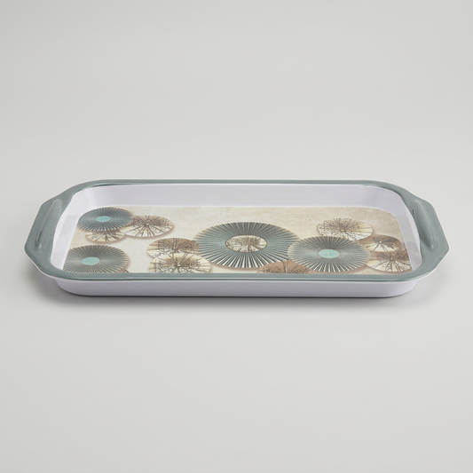 Rectangular Melamine Serving Tray with Floral Print and Side Handles, White Multipurpose Food Serving Platter with Raised Edges, Lightweight Tray for Tea, Coffee, Snacks, Breakfast & Desserts, 31 x 19 x 2.5 cm