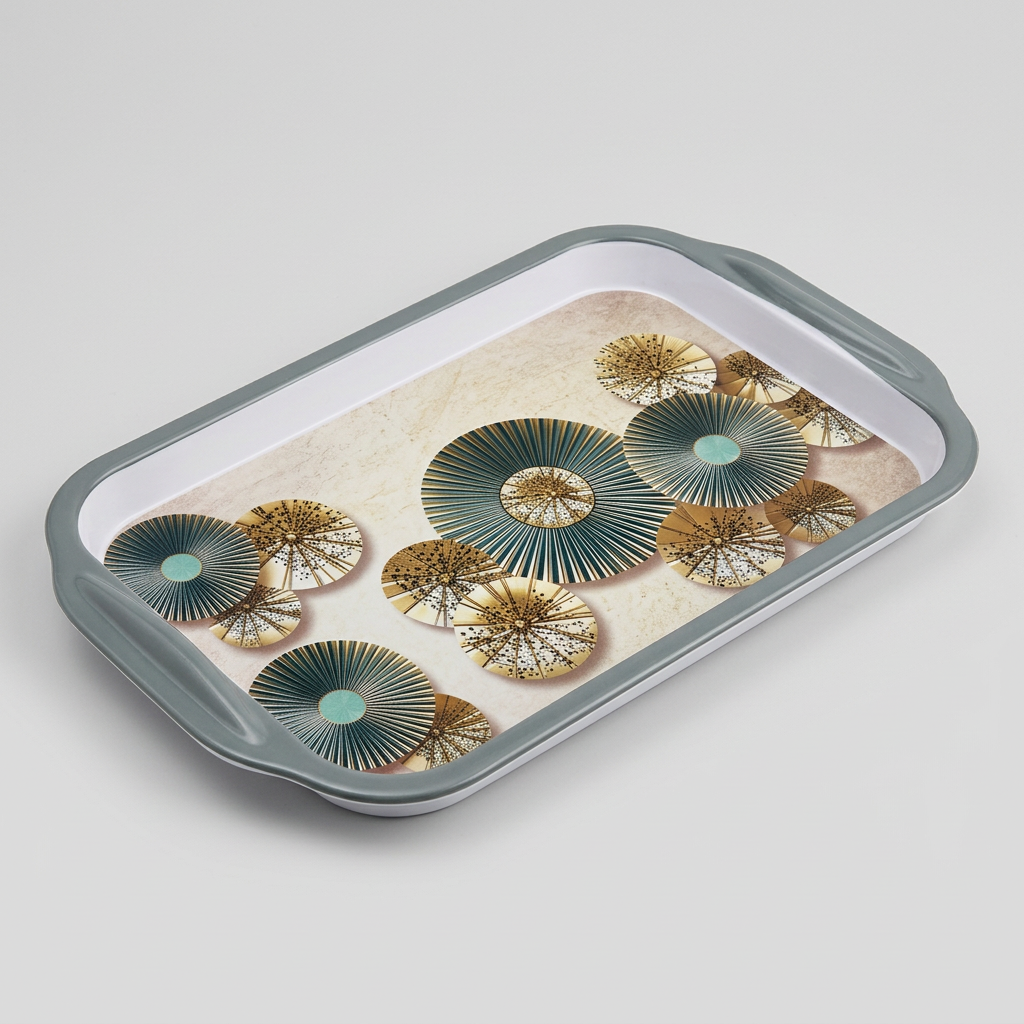 Rectangular Melamine Serving Tray with Floral Print and Side Handles, White Multipurpose Food Serving Platter with Raised Edges, Lightweight Tray for Tea, Coffee, Snacks, Breakfast & Desserts, 31 x 19 x 2.5 cm