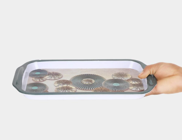 Rectangular Melamine Serving Tray with Floral Print and Side Handles, White Multipurpose Food Serving Platter with Raised Edges, Lightweight Tray for Tea, Coffee, Snacks, Breakfast & Desserts, 31 x 19 x 2.5 cm