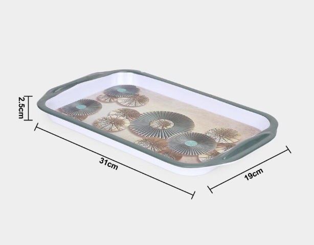 Rectangular Melamine Serving Tray with Floral Print and Side Handles, White Multipurpose Food Serving Platter with Raised Edges, Lightweight Tray for Tea, Coffee, Snacks, Breakfast & Desserts, 31 x 19 x 2.5 cm