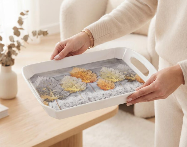Rectangular Melamine Serving Tray with Handles, White Leaf Print Food Serving Platter, Lightweight Durable Multipurpose Tray for Tea, Coffee, Snacks, Breakfast, Fruits & Desserts, 30 x 22 cm