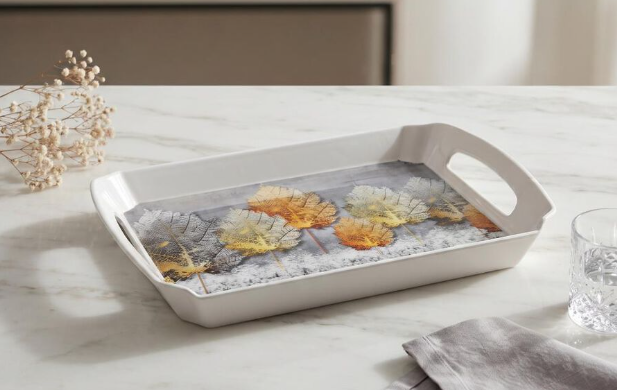Rectangular Melamine Serving Tray with Handles, White Leaf Print Food Serving Platter, Lightweight Durable Multipurpose Tray for Tea, Coffee, Snacks, Breakfast, Fruits & Desserts, 30 x 22 cm