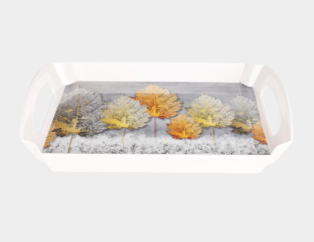 Rectangular Melamine Serving Tray with Handles, White Leaf Print Food Serving Platter, Lightweight Durable Multipurpose Tray for Tea, Coffee, Snacks, Breakfast, Fruits & Desserts, 30 x 22 cm