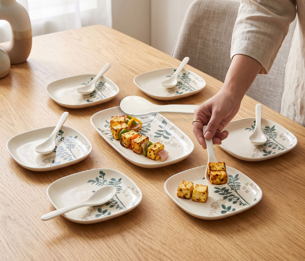 13-Piece Melamine Snack Serving Set with Floral Print, Cream White Tray, 6 Snack Plates, 1 Serving Spoon & 5 Snack Spoons, Multipurpose Tableware Set for Tea Time, Dry Fruits, Sweets & Entertaining