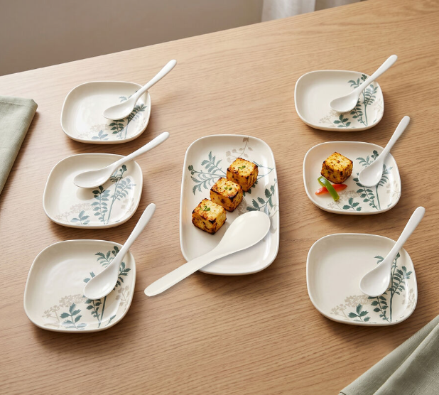 13-Piece Melamine Snack Serving Set with Floral Print, Cream White Tray, 6 Snack Plates, 1 Serving Spoon & 5 Snack Spoons, Multipurpose Tableware Set for Tea Time, Dry Fruits, Sweets & Entertaining