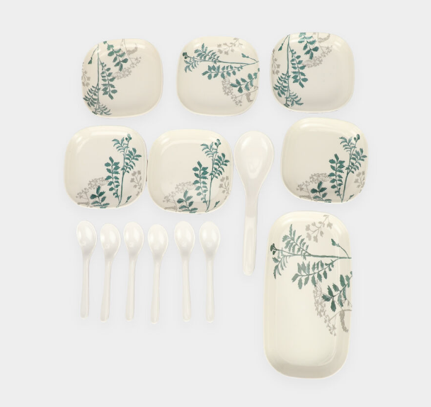 13-Piece Melamine Snack Serving Set with Floral Print, Cream White Tray, 6 Snack Plates, 1 Serving Spoon & 5 Snack Spoons, Multipurpose Tableware Set for Tea Time, Dry Fruits, Sweets & Entertaining