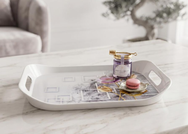 Large Melamine Serving Tray with Handles, Rectangular White Floral Printed Food Tray, Lightweight Durable Multipurpose Platter for Tea, Coffee, Breakfast, Snacks, Desserts & Beverages, 38 x 28 cm