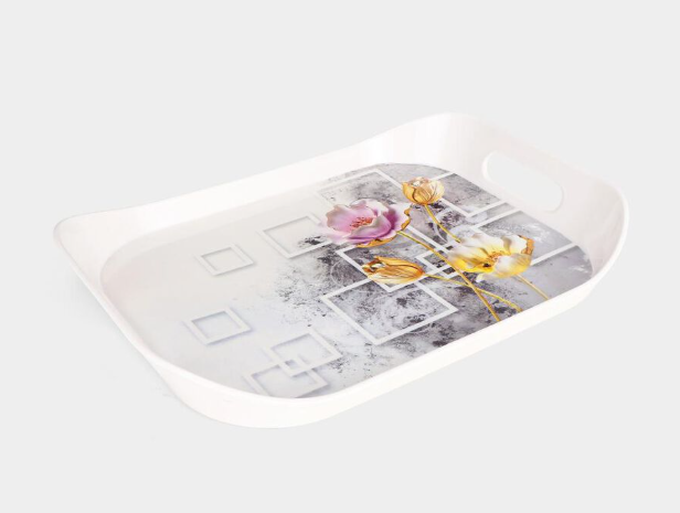 Large Melamine Serving Tray with Handles, Rectangular White Floral Printed Food Tray, Lightweight Durable Multipurpose Platter for Tea, Coffee, Breakfast, Snacks, Desserts & Beverages, 38 x 28 cm