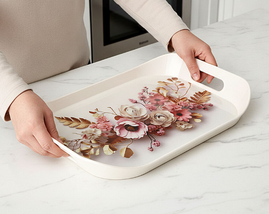 Large Melamine Serving Tray with Handles, White Floral Printed Rectangular Tray with Deep Raised Edges, Lightweight Multipurpose Food Platter for Tea, Coffee, Breakfast, Snacks, Fruits & Beverages, 38 x 28 x 5.5 cm
