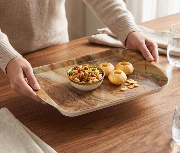 Melamine Serving Tray, Rectangular Brown Marble Design Tray, 25 x 18 cm Lightweight & Durable Multipurpose Tray for Tea, Coffee, Snacks, Biscuits, Dry Fruits & Desserts, Home, Kitchen & Dining