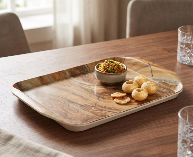 Melamine Serving Tray, Rectangular Brown Marble Design Tray, 25 x 18 cm Lightweight & Durable Multipurpose Tray for Tea, Coffee, Snacks, Biscuits, Dry Fruits & Desserts, Home, Kitchen & Dining