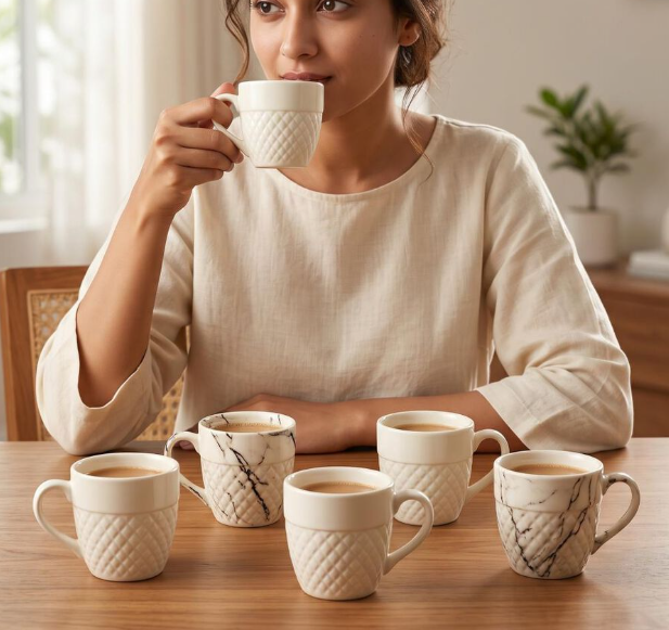Bone China Coffee Mug Set of 6, 120 ml Cream Marble Design Tea Cups with Handles, Premium Drinking Mugs with Textured Finish for Tea, Coffee, Espresso, Green Tea & Beverages