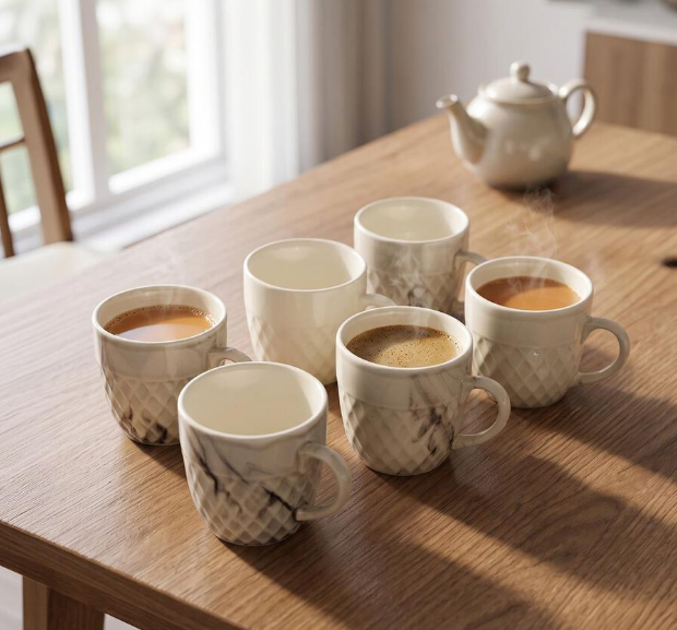 Bone China Coffee Mug Set of 6, 120 ml Cream Marble Design Tea Cups with Handles, Premium Drinking Mugs with Textured Finish for Tea, Coffee, Espresso, Green Tea & Beverages