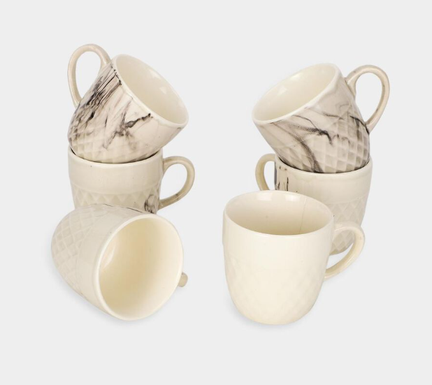Bone China Coffee Mug Set of 6, 120 ml Cream Marble Design Tea Cups with Handles, Premium Drinking Mugs with Textured Finish for Tea, Coffee, Espresso, Green Tea & Beverages