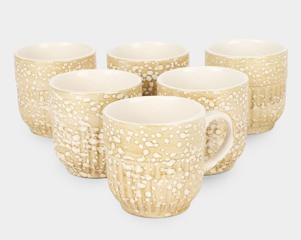 Bone China Coffee Mug Set of 6, 120 ml Beige Textured Tea Cups with Handles, Premium Embossed Design Drinking Mugs for Tea, Coffee, Espresso, Green Tea & Hot Beverages