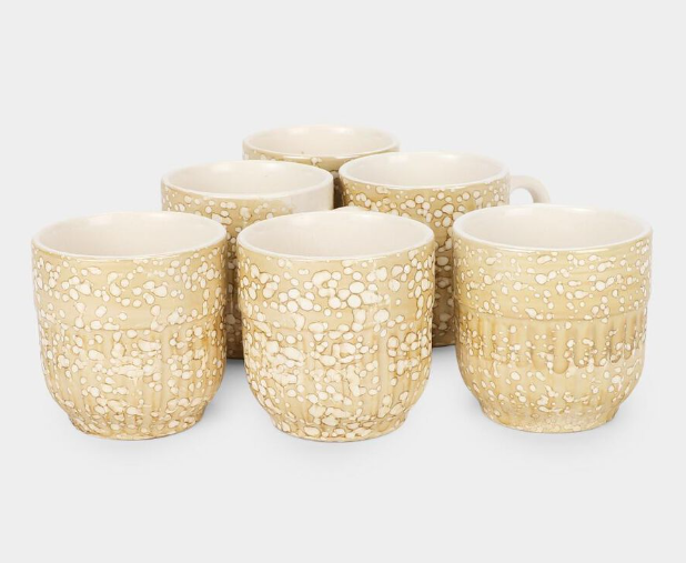 Bone China Coffee Mug Set of 6, 120 ml Beige Textured Tea Cups with Handles, Premium Embossed Design Drinking Mugs for Tea, Coffee, Espresso, Green Tea & Hot Beverages
