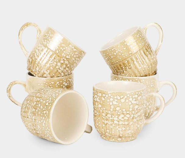 Bone China Coffee Mug Set of 6, 120 ml Beige Textured Tea Cups with Handles, Premium Embossed Design Drinking Mugs for Tea, Coffee, Espresso, Green Tea & Hot Beverages