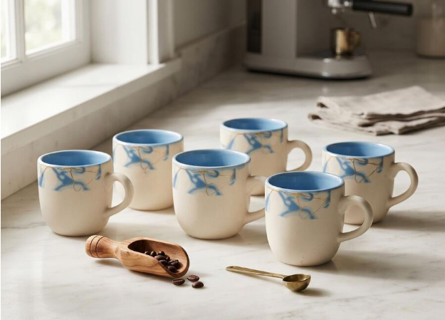 Bone China Mug Set of 6, 140 ml Blue Marble Design Coffee & Tea Cups with Handles, Premium Lightweight Drinking Mugs with Glossy Finish for Tea, Coffee, Espresso & Hot Beverages, 5 x 7 cm