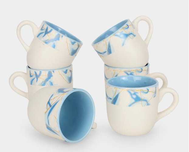 Bone China Mug Set of 6, 140 ml Blue Marble Design Coffee & Tea Cups with Handles, Premium Lightweight Drinking Mugs with Glossy Finish for Tea, Coffee, Espresso & Hot Beverages, 5 x 7 cm