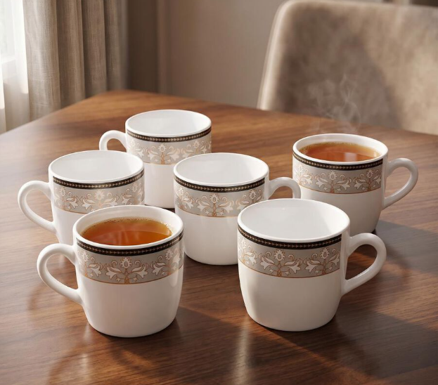 Bio China Mug Set of 6, 180 ml White Tea & Coffee Cups with Handles, Elegant Floral Border Design Drinking Mugs with Decorative Detailing for Tea, Coffee, Milk & Hot Beverages, 7 x 7 cm