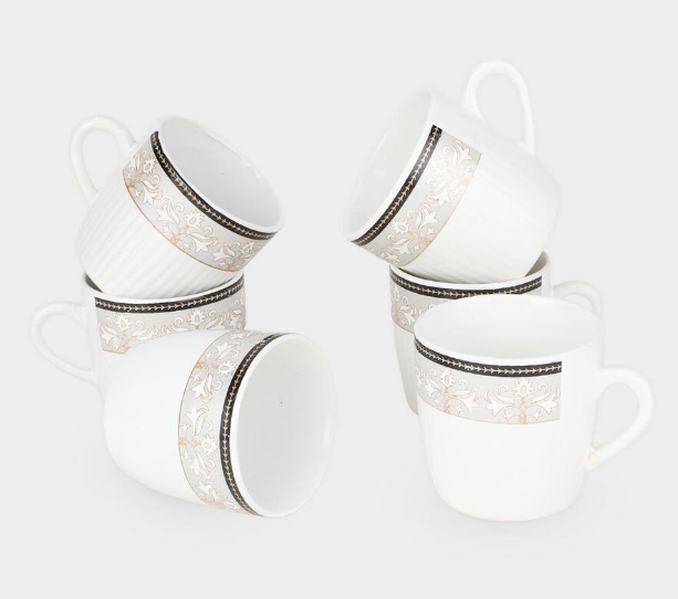 Bio China Mug Set of 6, 180 ml White Tea & Coffee Cups with Handles, Elegant Floral Border Design Drinking Mugs with Decorative Detailing for Tea, Coffee, Milk & Hot Beverages, 7 x 7 cm