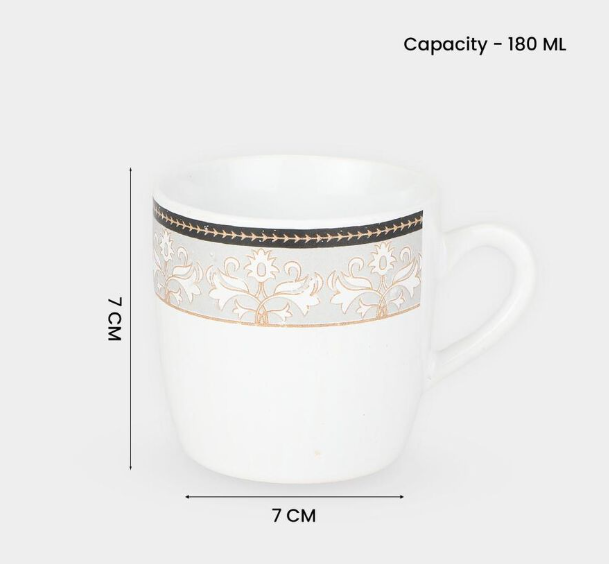 Bio China Mug Set of 6, 180 ml White Tea & Coffee Cups with Handles, Elegant Floral Border Design Drinking Mugs with Decorative Detailing for Tea, Coffee, Milk & Hot Beverages, 7 x 7 cm