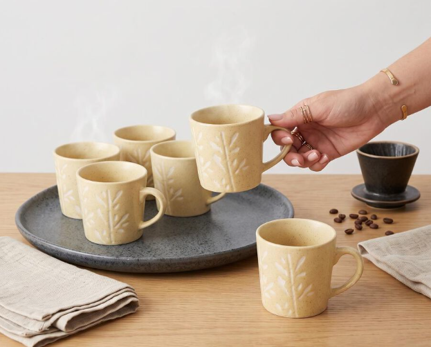 Bio China Mug Set of 6, 120 ml Cream Floral Embossed Tea & Coffee Cups with Handles, Lightweight Leaf Pattern Drinking Mugs for Tea, Coffee, Espresso, Green Tea & Hot Beverages, 6 x 6.5 cm